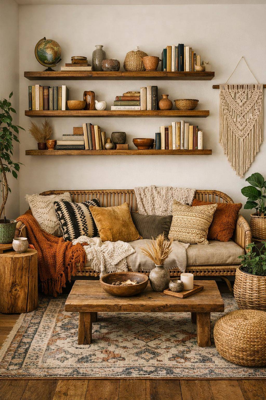 Ideen für Boho-Wohnzimmer- Präsentier Bücher kunstvoll auf Regalen