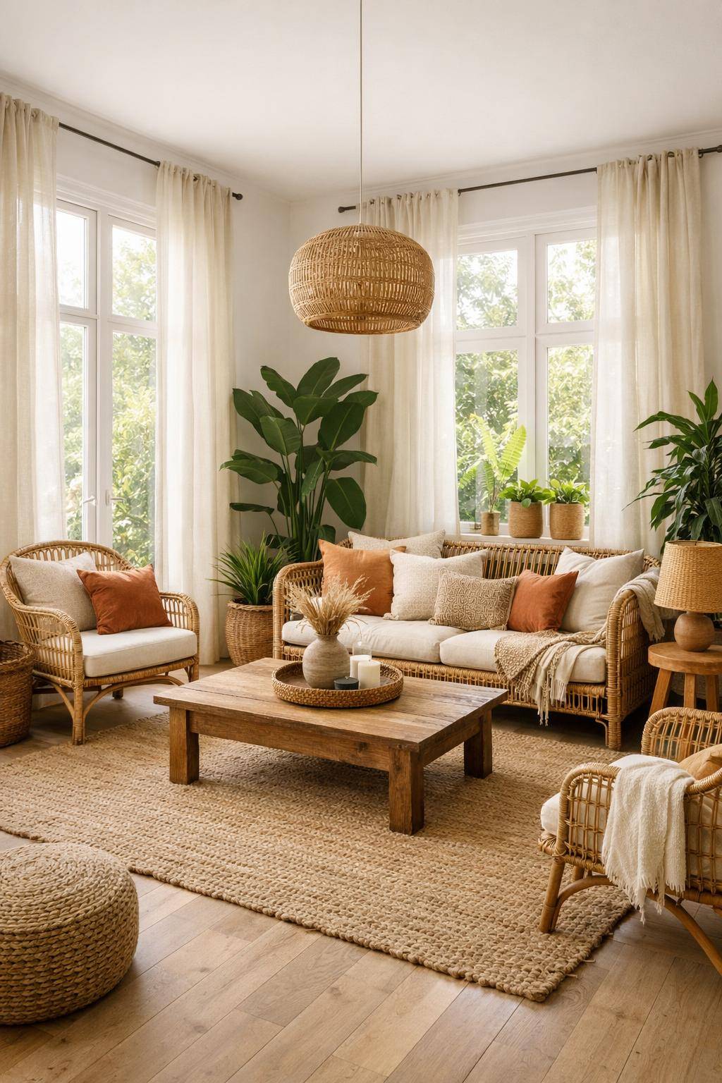 Ideen für Boho-Wohnzimmer- Schmücke Fenster mit luftigen Leinenvorhängen