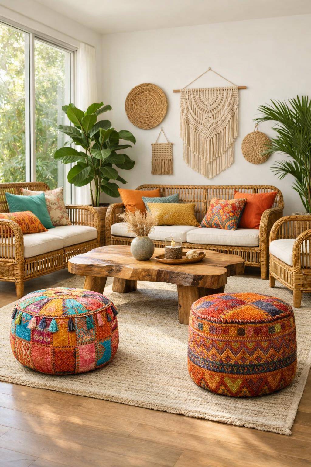 Ideen für Boho-Wohnzimmer- Verwende bunte Stoffhocker als Eyecatcher