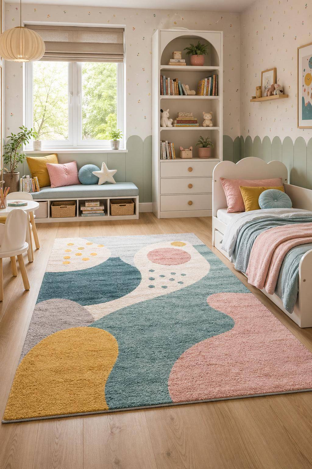 Ideen für Kinderzimmer-Farben- Experimentiere mit farbigen Teppichen als Akzent