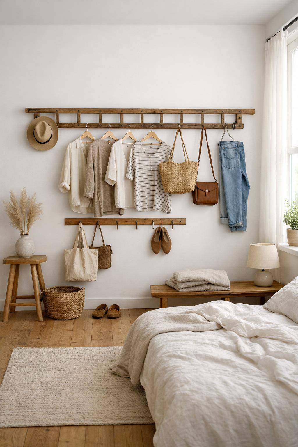 Ideen für Kleiderschrank-Alternativen-Nutze alte Leitern als offene Kleiderstange