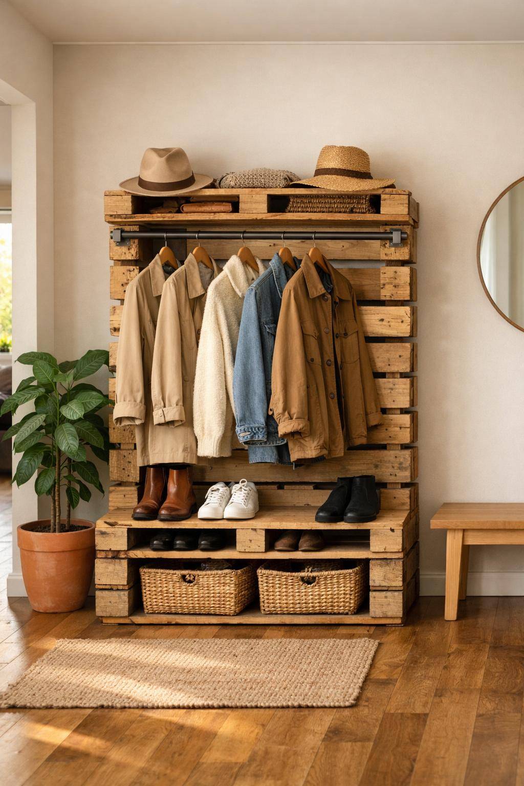 Ideen für Kleiderschrank-Alternativen- Baue Holzpaletten zu einer Garderobe um