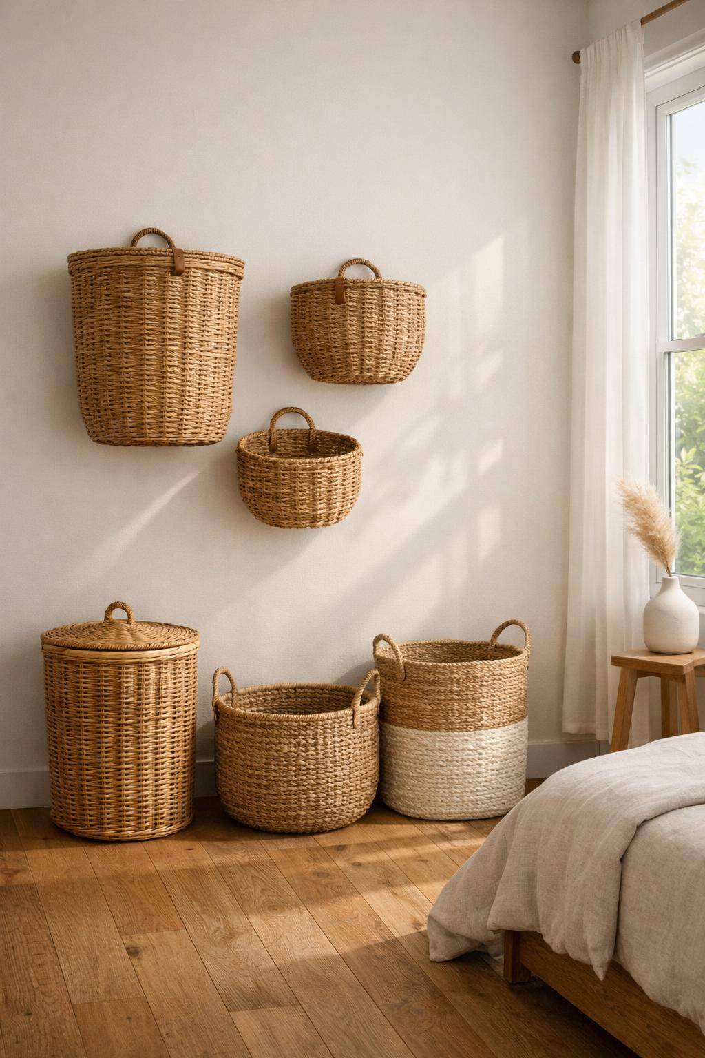Ideen für Kleiderschrank-Alternativen- Hänge Körbe an die Wand für Wäsche