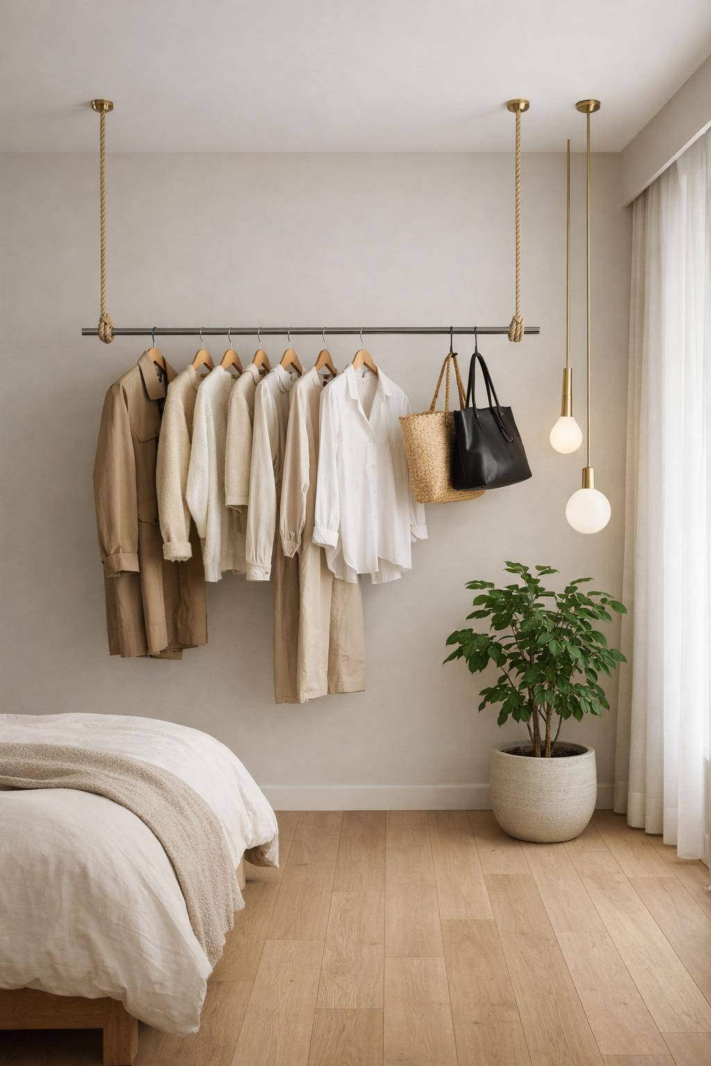 Ideen für Kleiderschrank-Alternativen- Hänge Seile von der Decke als Kleiderhalter