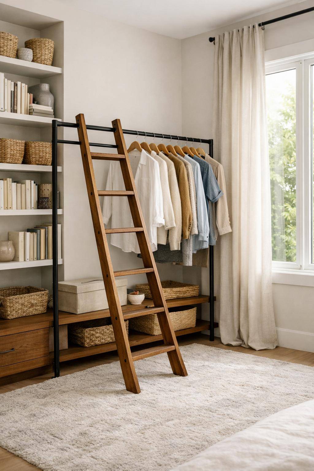 Ideen für Kleiderschrank-Alternativen- Integriere eine Bücherleiter zur Kleidungspräsentation