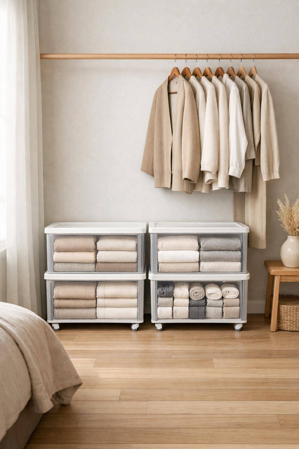 Ideen für Kleiderschrank-Alternativen- Ordne Kleidung in rollbaren Aufbewahrungsboxen