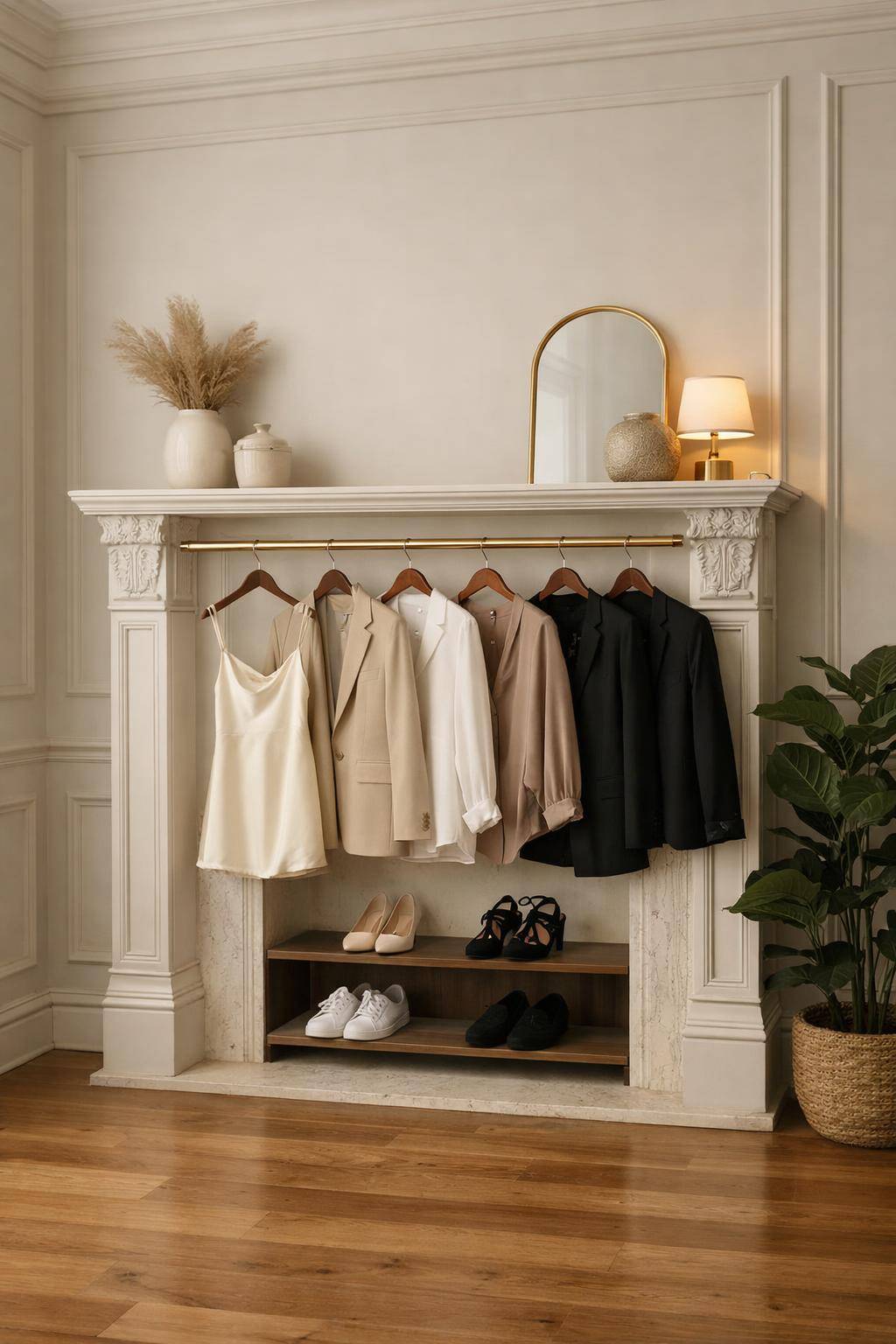 Ideen für Kleiderschrank-Alternativen- Verwandle einen Kaminsims in eine Mini-Garderobe