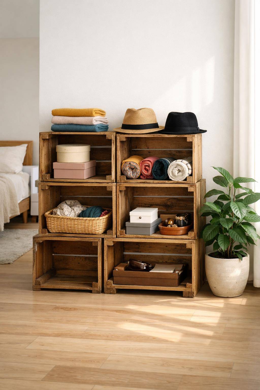 Ideen für Kleiderschrank-Alternativen- Verwende Vintage-Kisten als Fächer für Accessoires