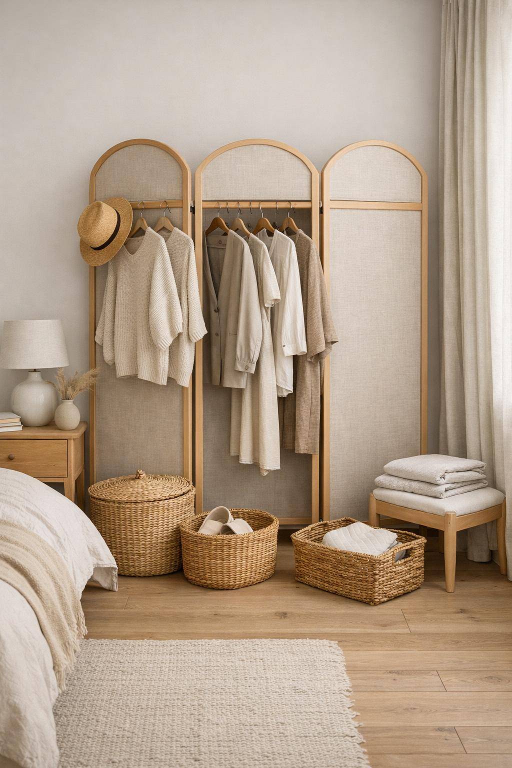 Ideen für Kleiderschrank-Alternativen- Verwende freistehende Paravents zum Verhängen
