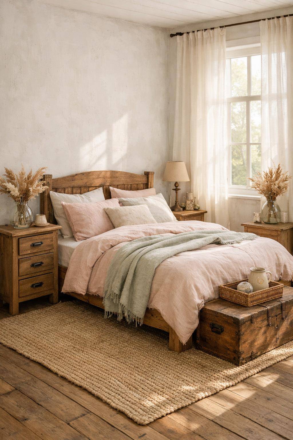 Ideen für Schlafzimmer im Landhausstil- Dekoriere mit Trockenblumen in Glasvasen