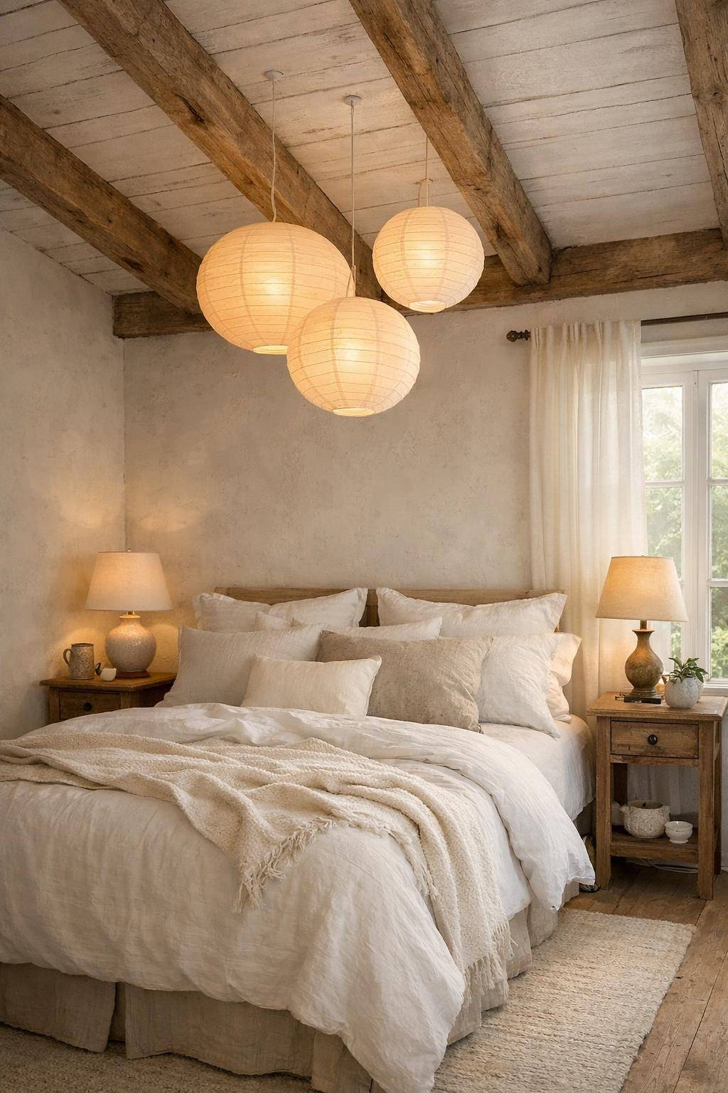 Ideen für Schlafzimmer im Landhausstil- Hänge Lampions für stimmungsvolles Licht auf