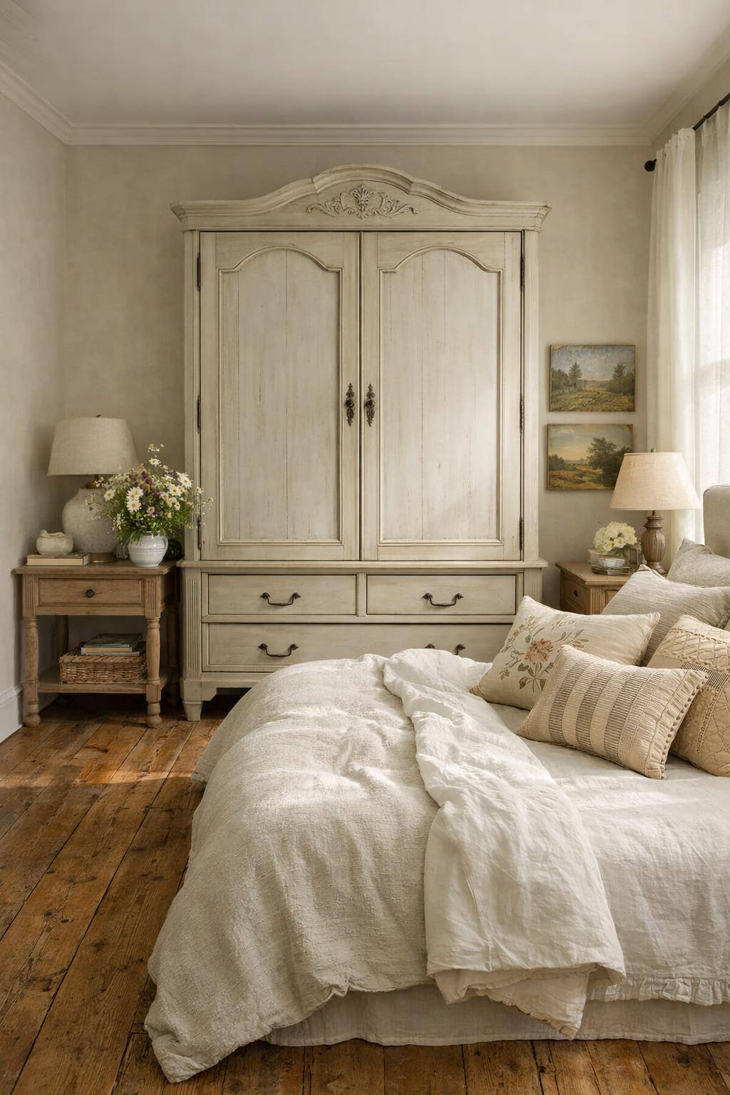 Ideen für Schlafzimmer im Landhausstil- Integriere einen Vintage-Schrank als Blickfang