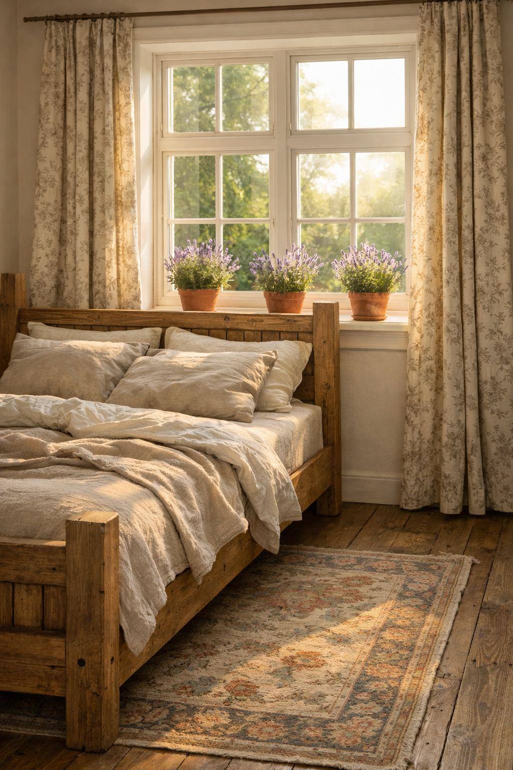 Ideen für Schlafzimmer im Landhausstil- Pflanze Lavendel in dekorative Töpfe am Fenster