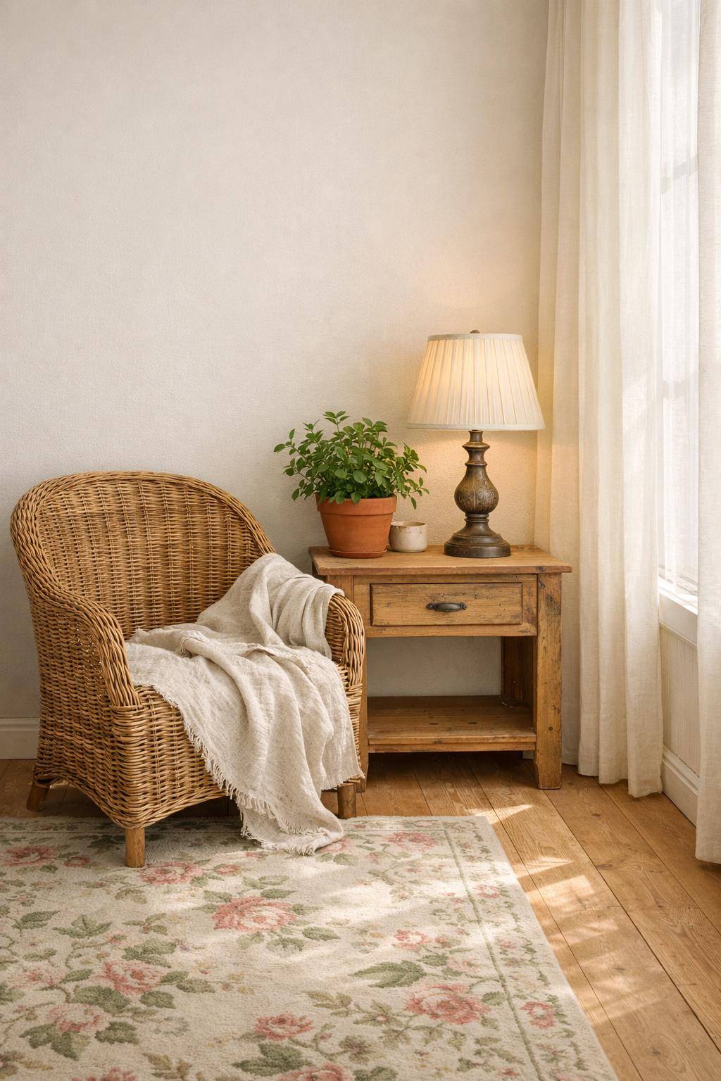 Ideen für Schlafzimmer im Landhausstil- Stell einen Korbsessel in die Ecke