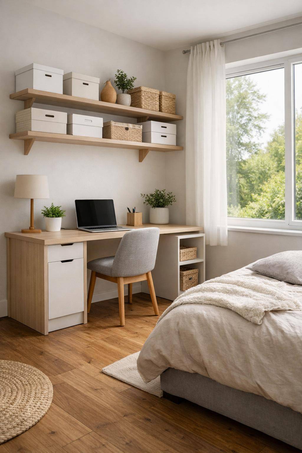 Ideen für Schreibtisch im Schlafzimmer- Halte deinen Schreibtisch mit Aufbewahrungsboxen ordentlich