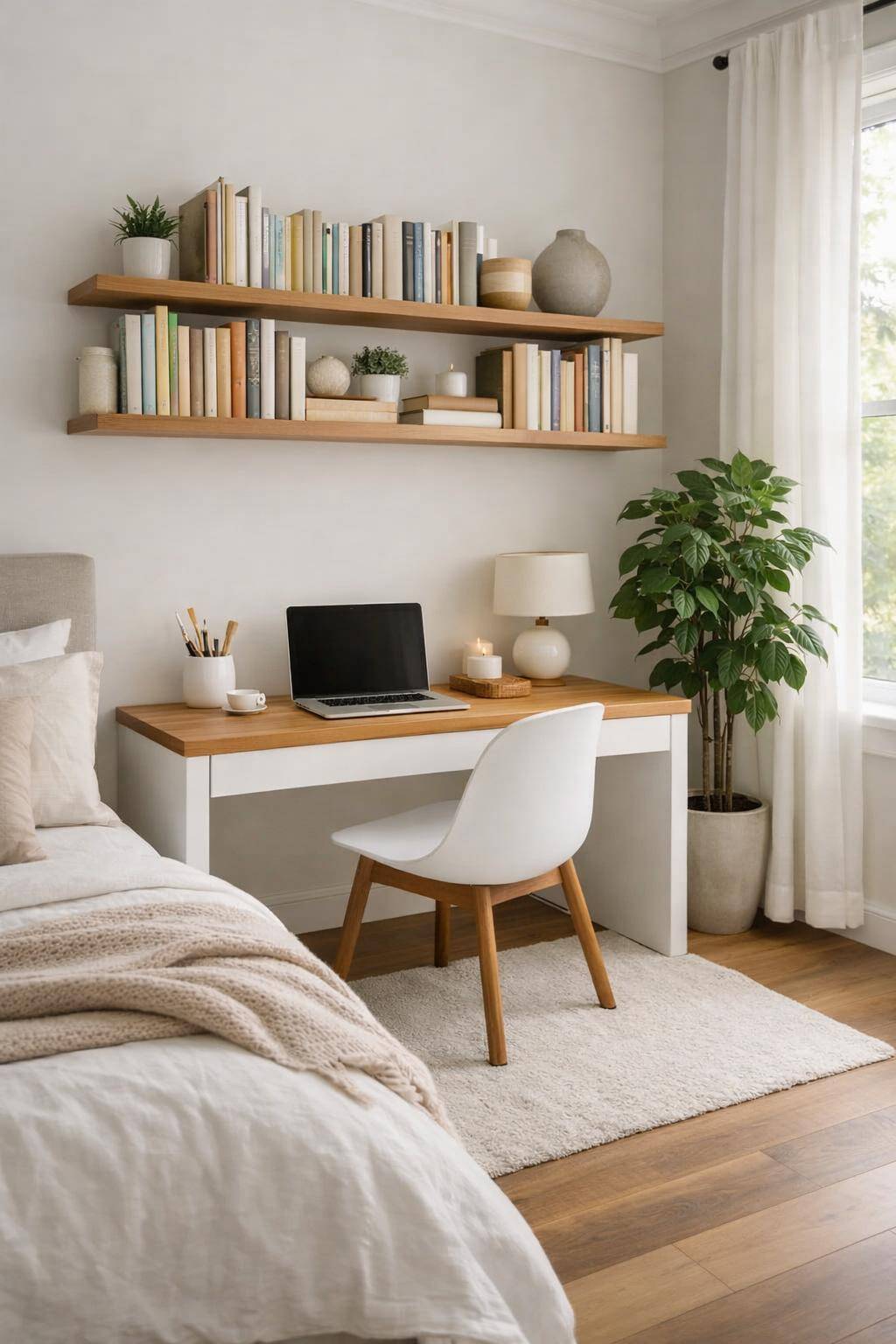 Ideen für Schreibtisch im Schlafzimmer- Nutze ein Regal über dem Schreibtisch für Bücher
