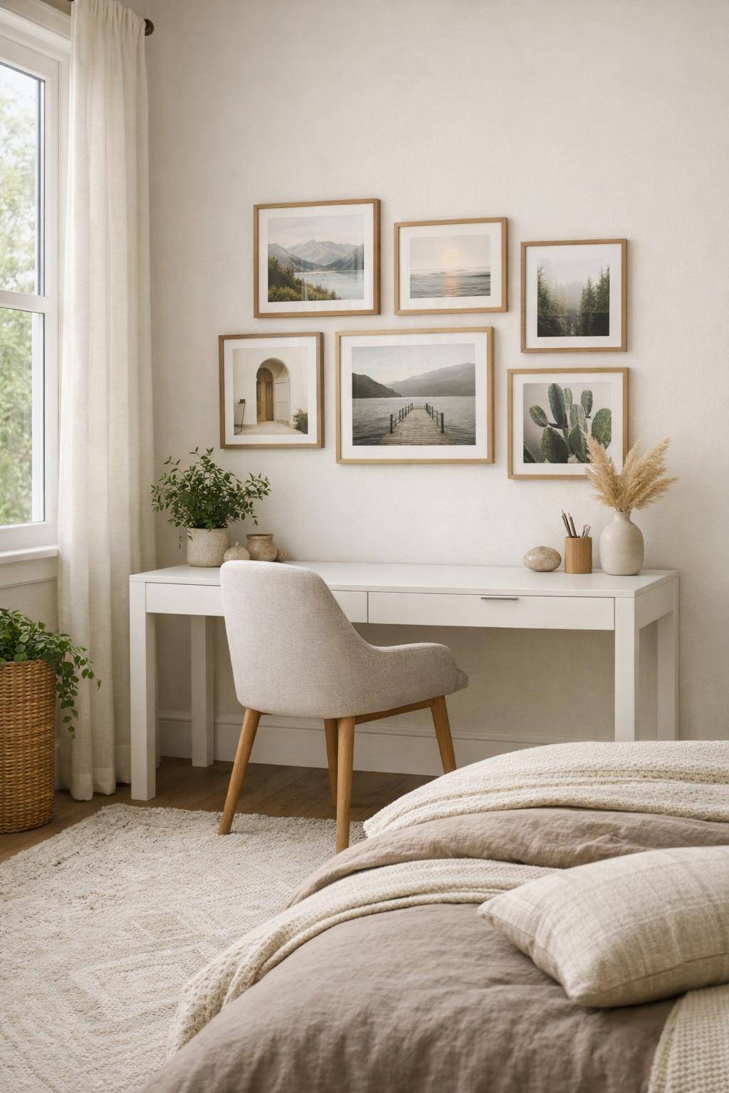 Ideen für Schreibtisch im Schlafzimmer- Platziere inspirierende Bilder direkt vor deinen Stuhl