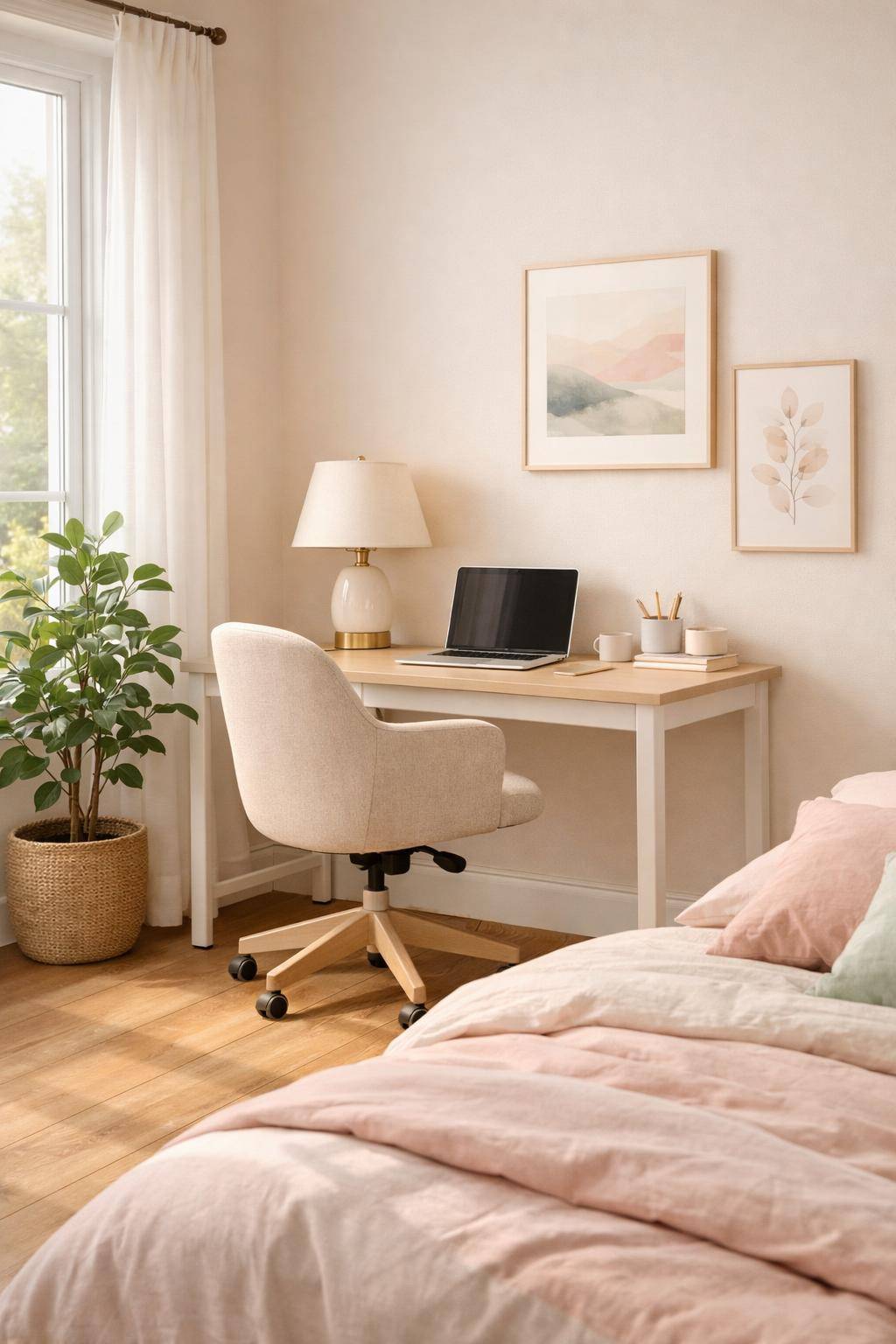 Ideen für Schreibtisch im Schlafzimmer- Wähle Pastellfarben für eine beruhigende Atmosphäre