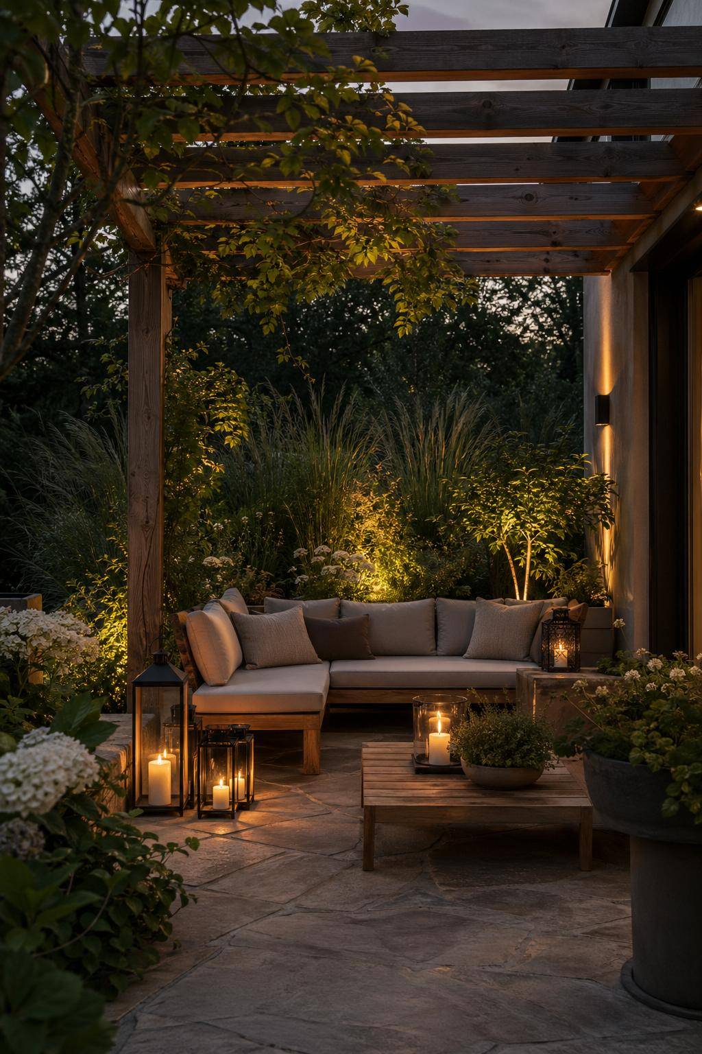 Ideen für Sitzecken im Garten- Betone die Sitzecke mit Windlichtern