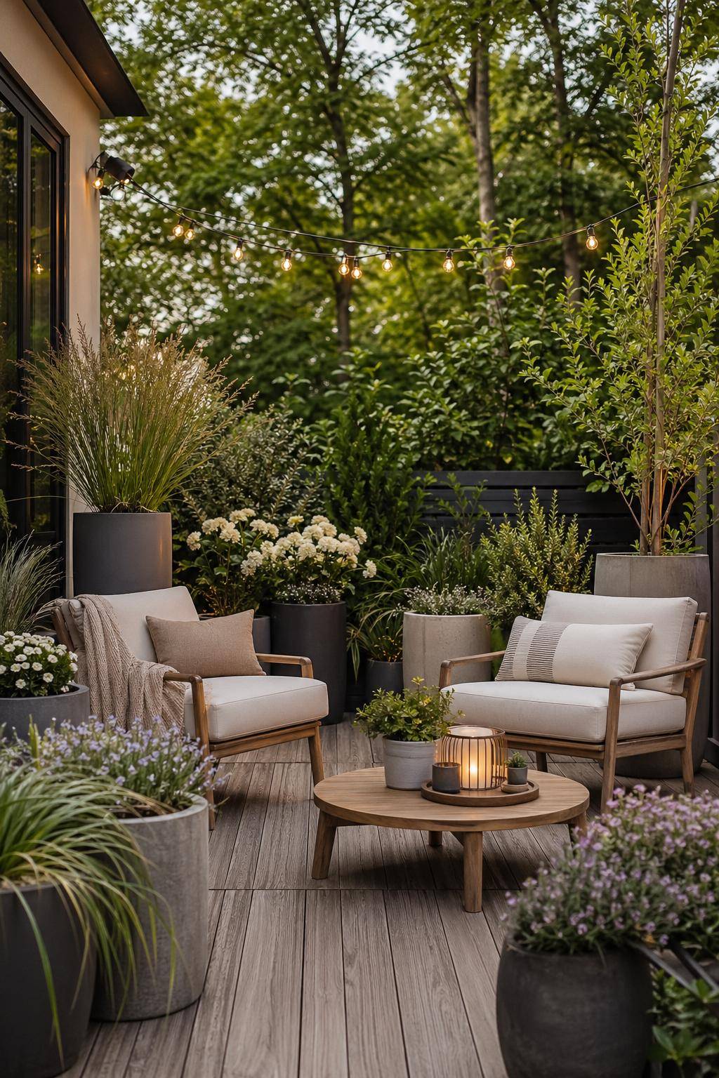 Ideen für Sitzecken im Garten- Dekoriere mit Pflanzenkübeln in unterschiedlichen Höhen