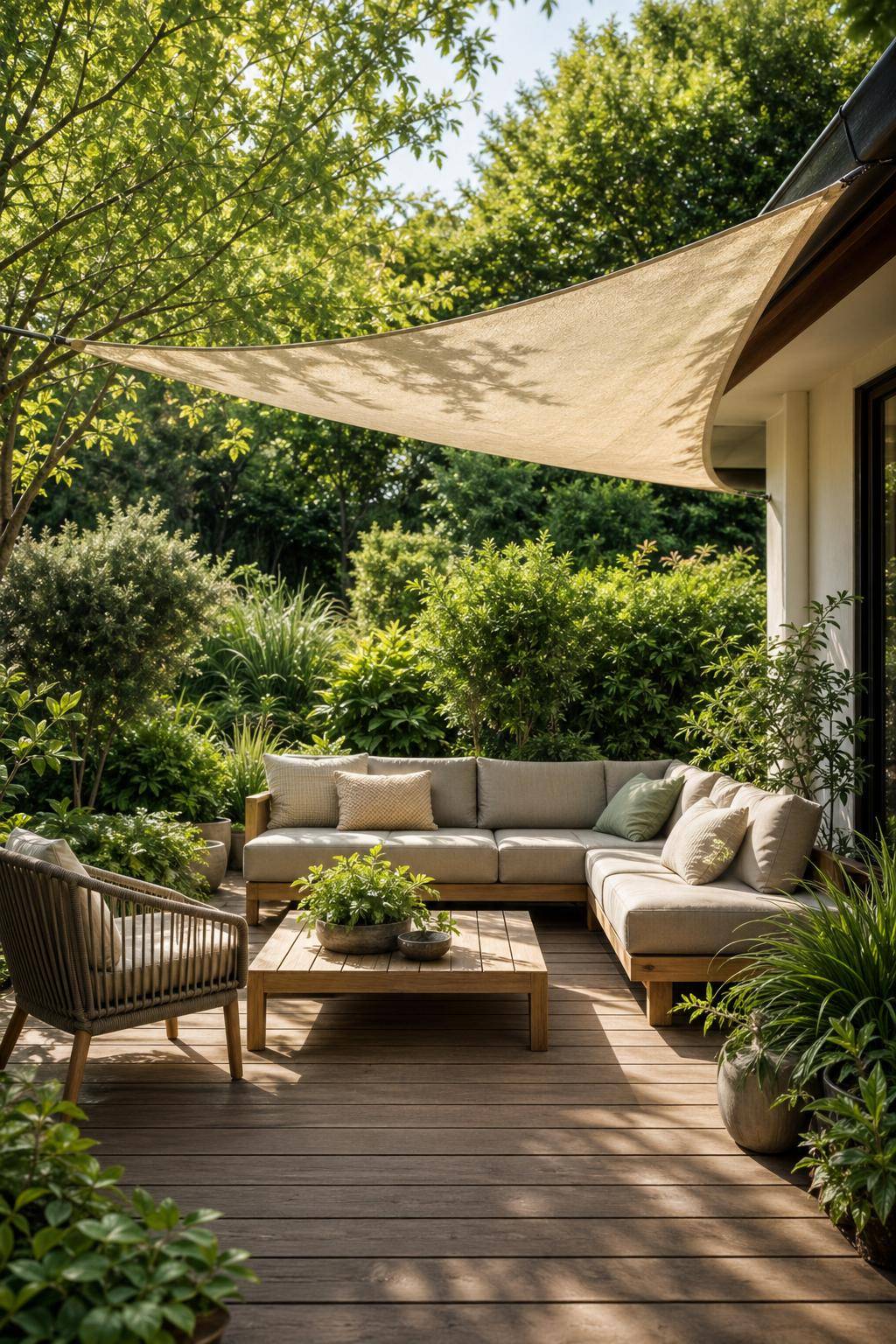 Ideen für Sitzecken im Garten- Ergänze Sonnensegel als flexiblen Schattenspender