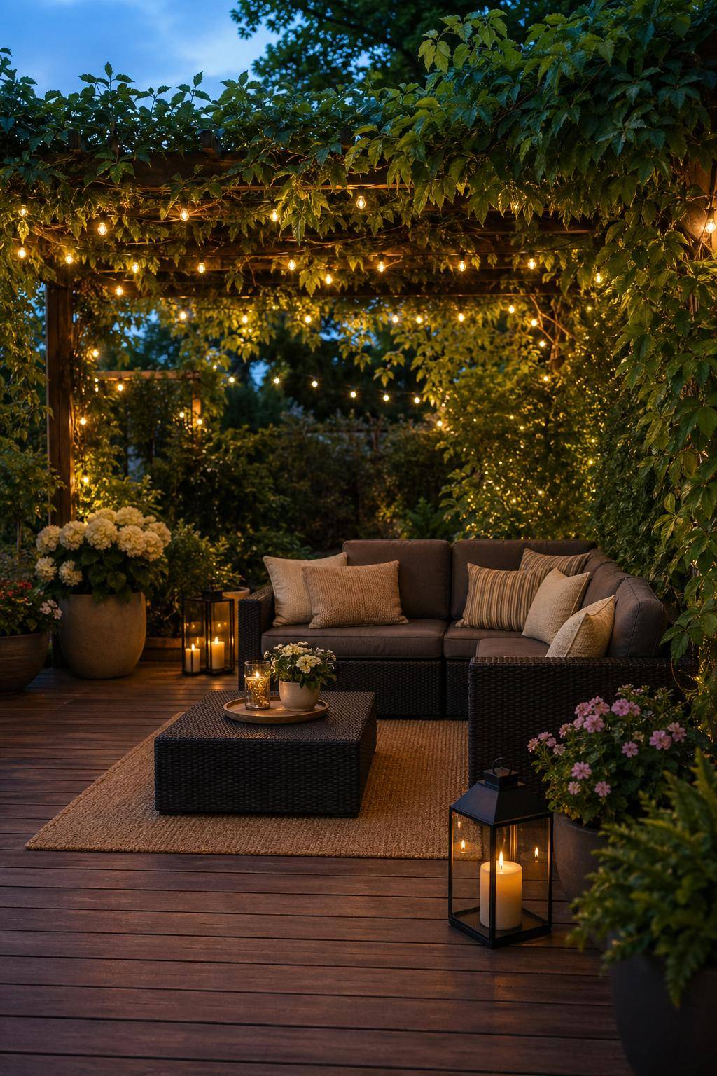 Ideen für Sitzecken im Garten- Hänge Lichterketten für stimmungsvolle Atmosphäre