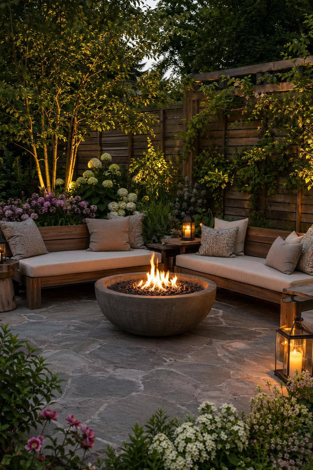 Ideen für Sitzecken im Garten- Installiere eine Feuerschale für warme Abende