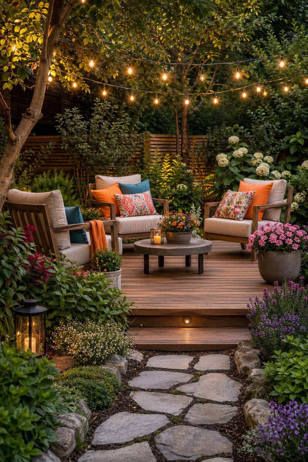 Ideen für Sitzecken im Garten- Integriere bunte Outdoor-Kissen für Farbtupfer