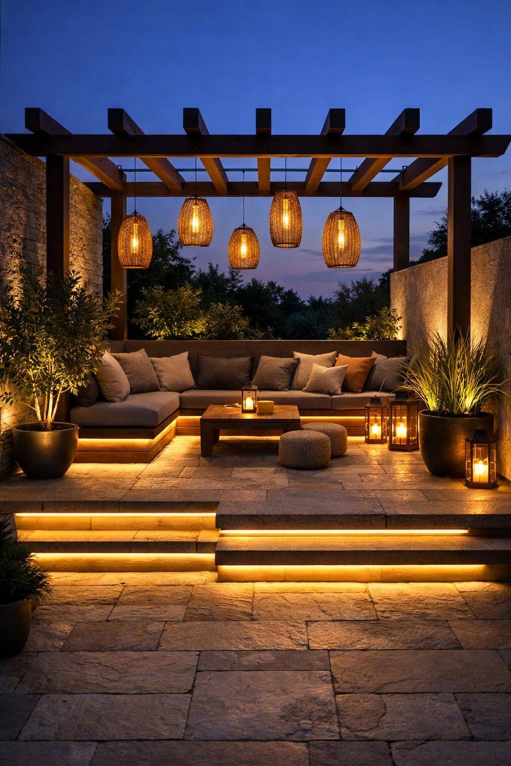 Ideen für Terrassengestaltung-Integriere verschiedene Lichtquellen für stimmungsvolle Abende