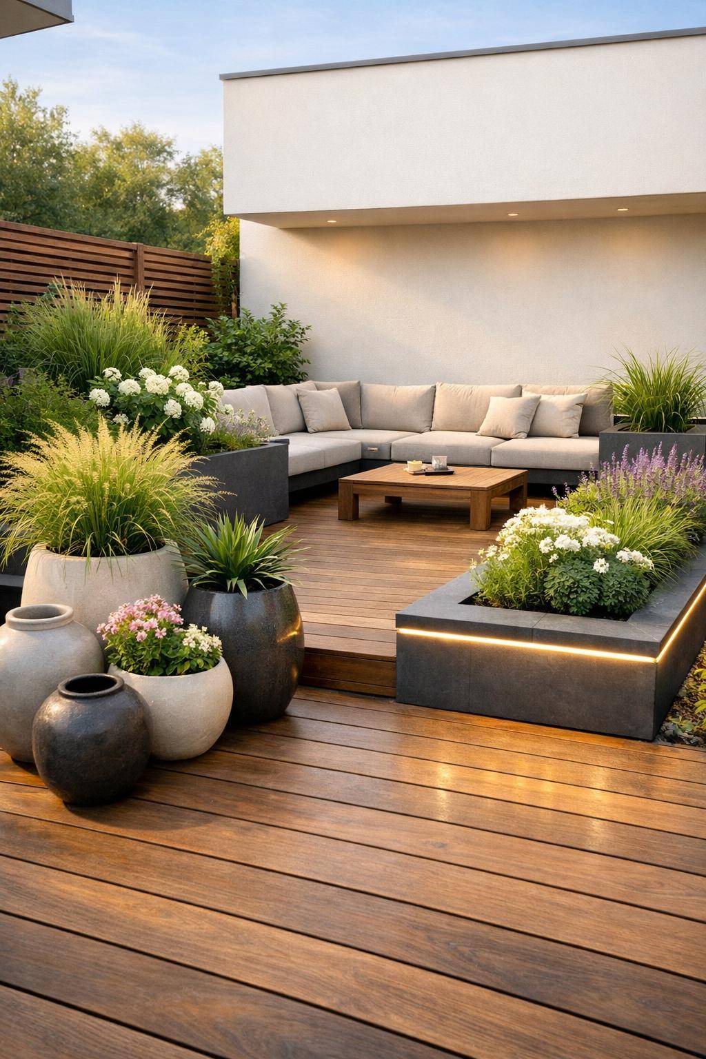 Ideen für Terrassengestaltung- Arrangiere Pflanzen in Hochbeeten oder Kübeln