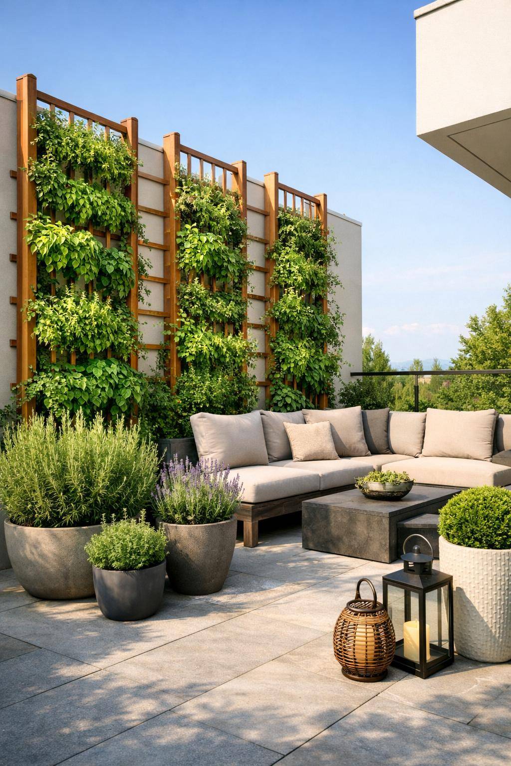 Ideen für Terrassengestaltung- Begrüne die Terrasse mit Rankpflanzen und Kräutern