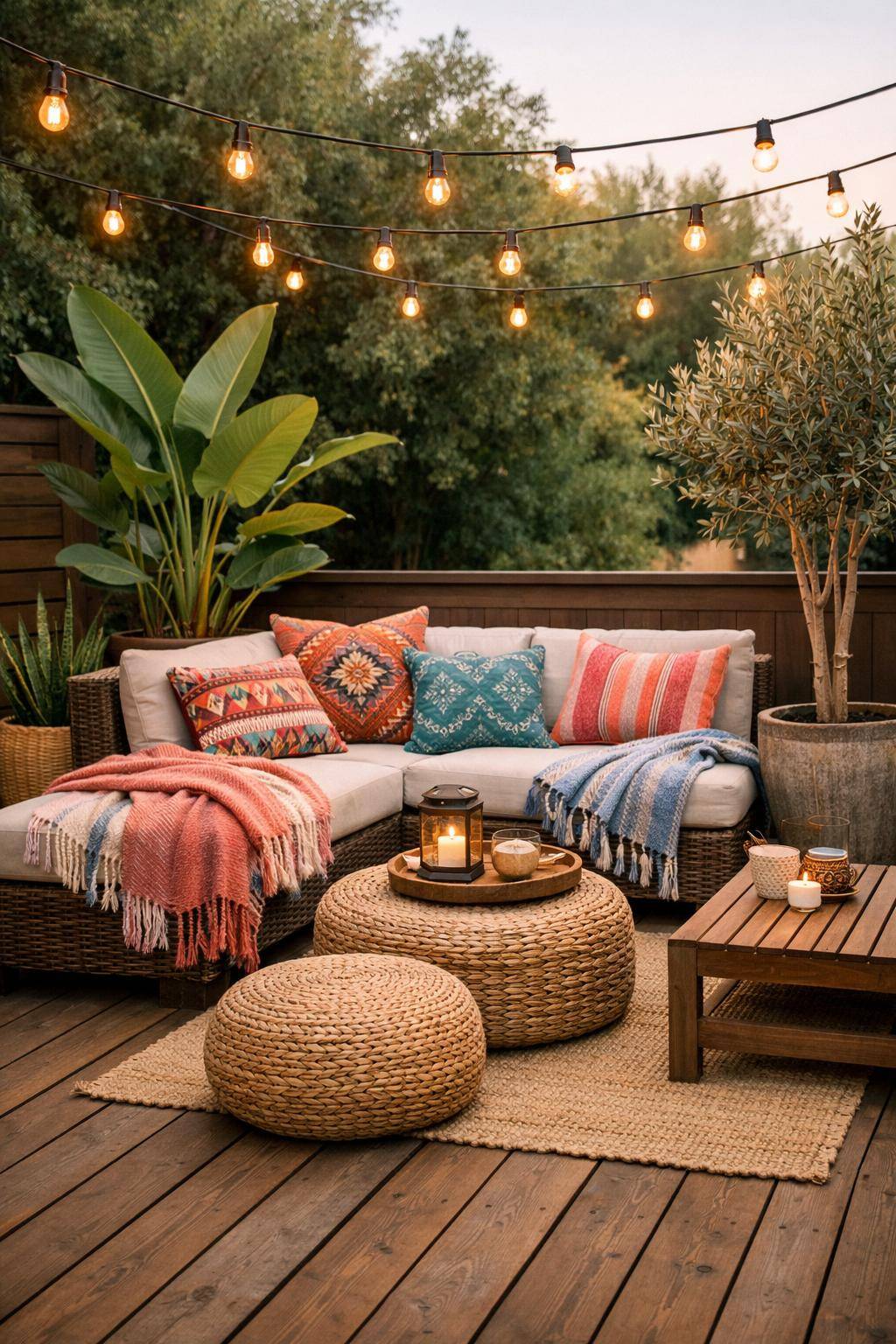 Ideen für Terrassengestaltung- Dekoriere mit bunten Kissen und Decken