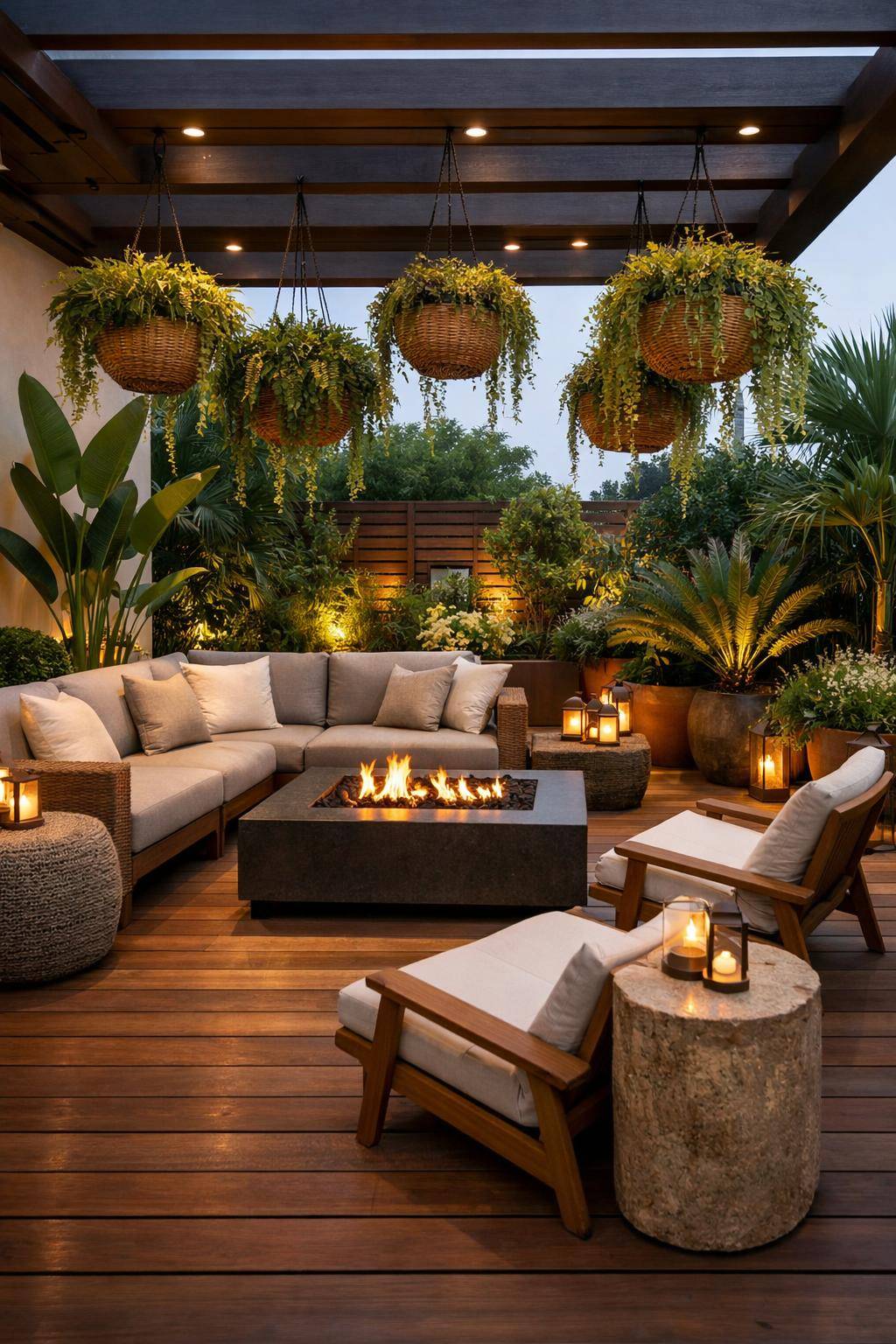 Ideen für Terrassengestaltung- Experimentiere mit hängenden Pflanzenampeln für mehr Grün