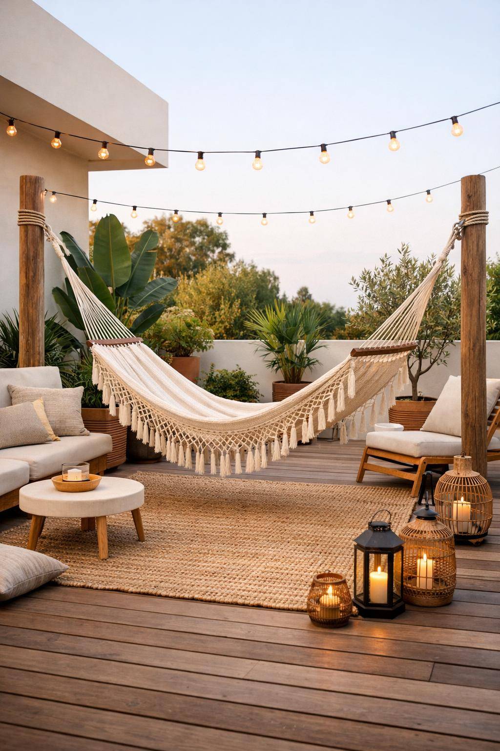 Ideen für Terrassengestaltung- Hänge eine Hängematte für Urlaubsfeeling auf