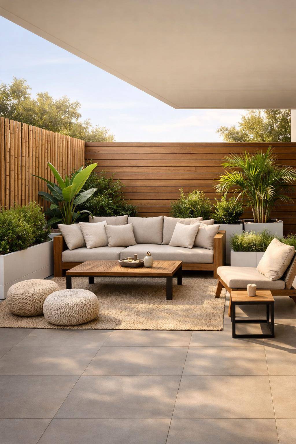 Ideen für Terrassengestaltung- Installiere Sichtschutz mit Bambus oder Holzpaneelen