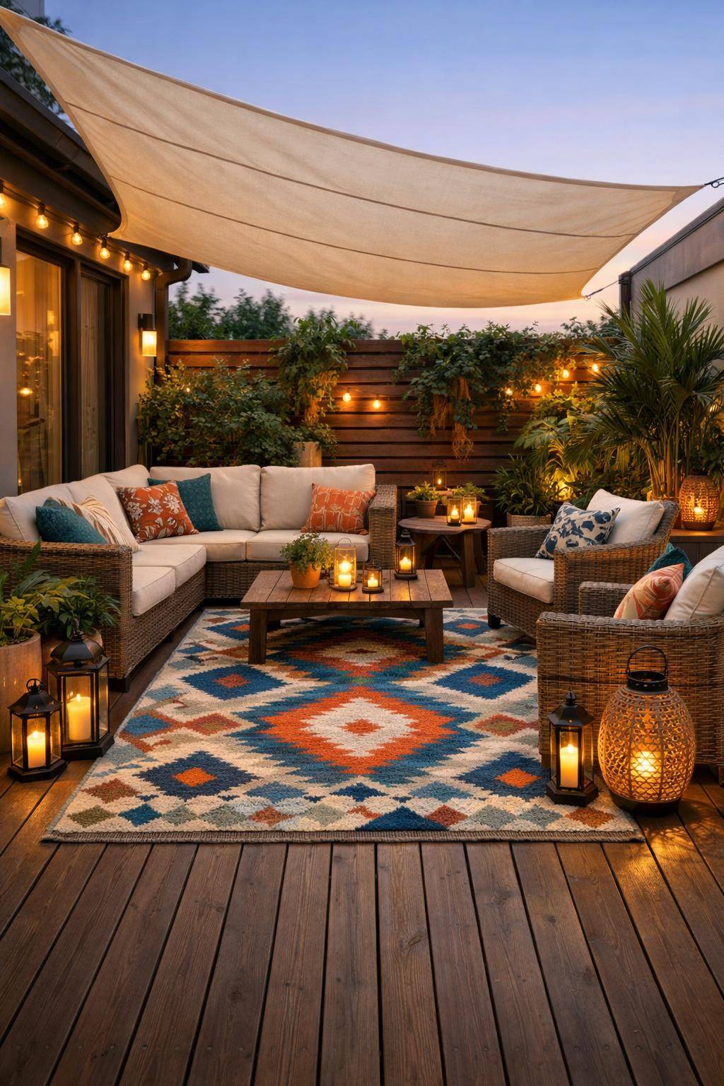 Ideen für Terrassengestaltung- Nutze Outdoor-Teppiche für warme Füße