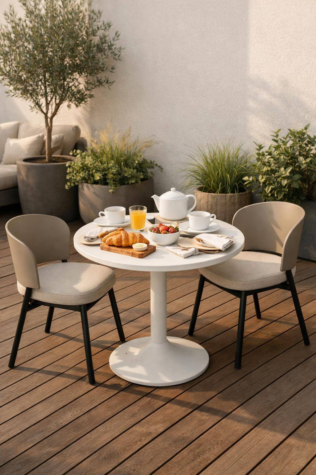 Ideen für Terrassengestaltung- Platziere einen kleinen Gartentisch für Frühstück im Freien