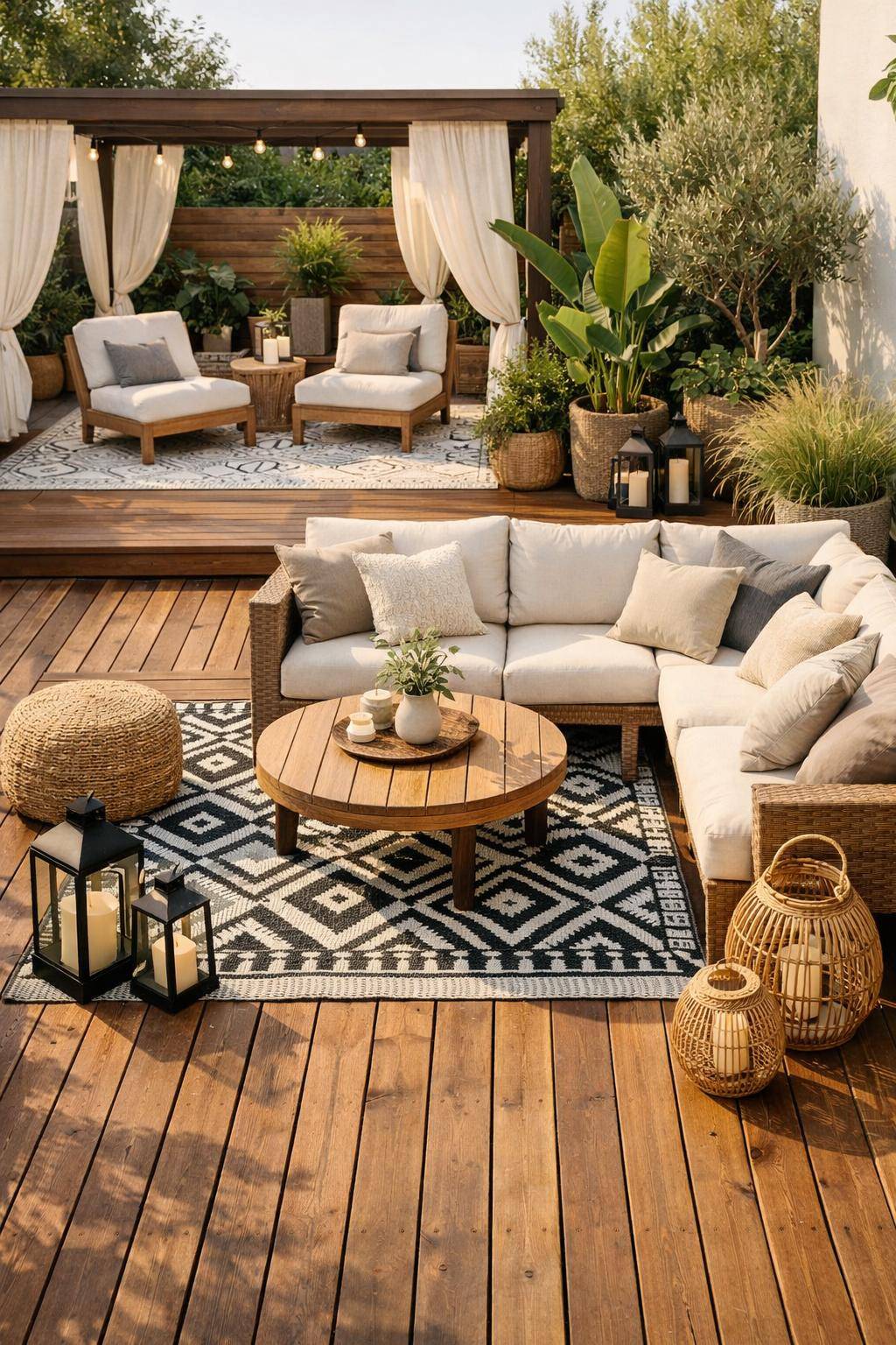 Ideen für Terrassengestaltung- Schaffe mit Outdoor-Teppichen gemütliche Zonen