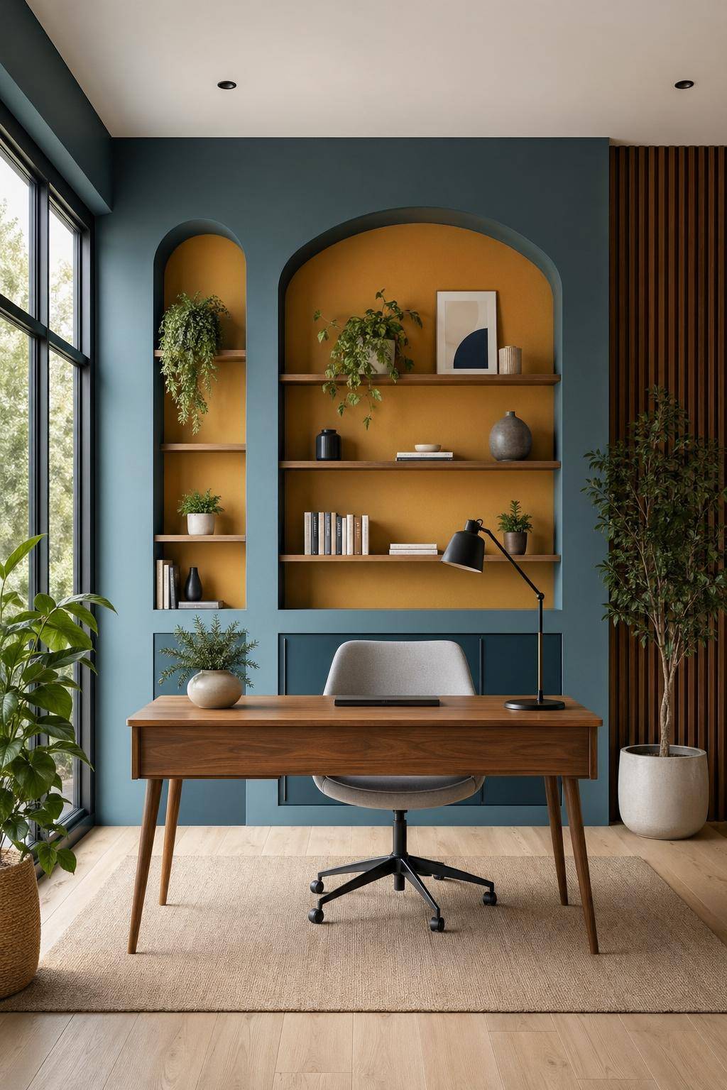 Ideen für Wandfarbe im Büro- Betone Nischen mit einer besonderen Farbe