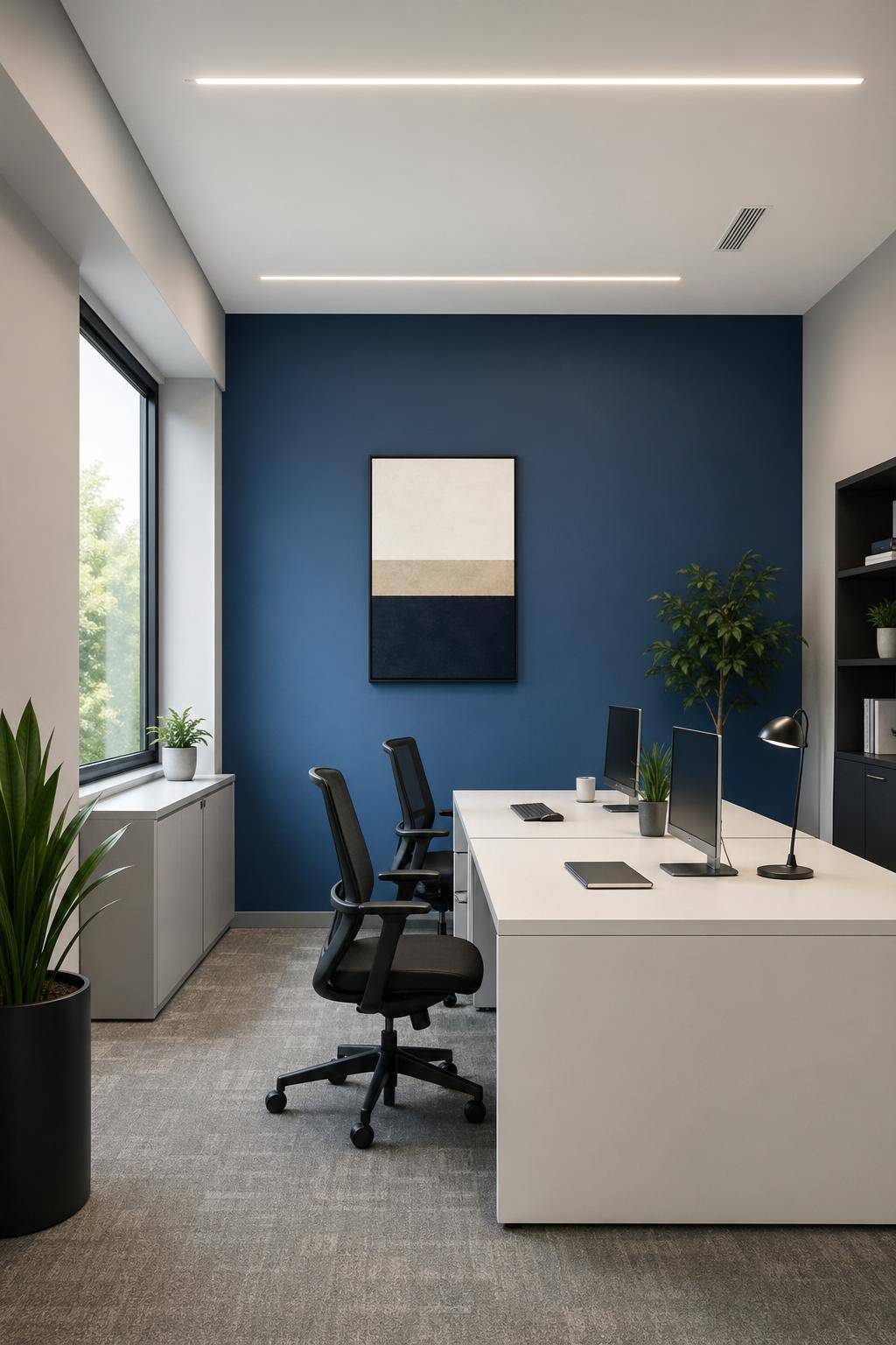 Ideen für Wandfarbe im Büro- Experimentiere mit Akzentwänden in kräftigen Farben