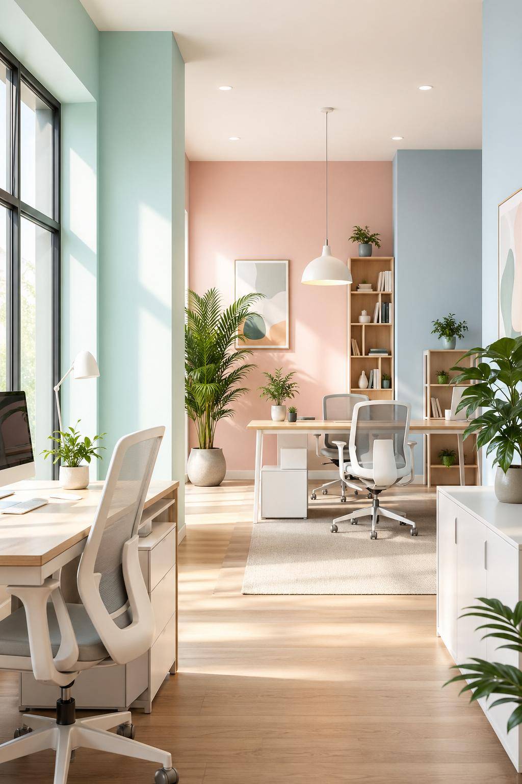 Ideen für Wandfarbe im Büro- Integriere Pastelltöne für eine sanfte Atmosphäre