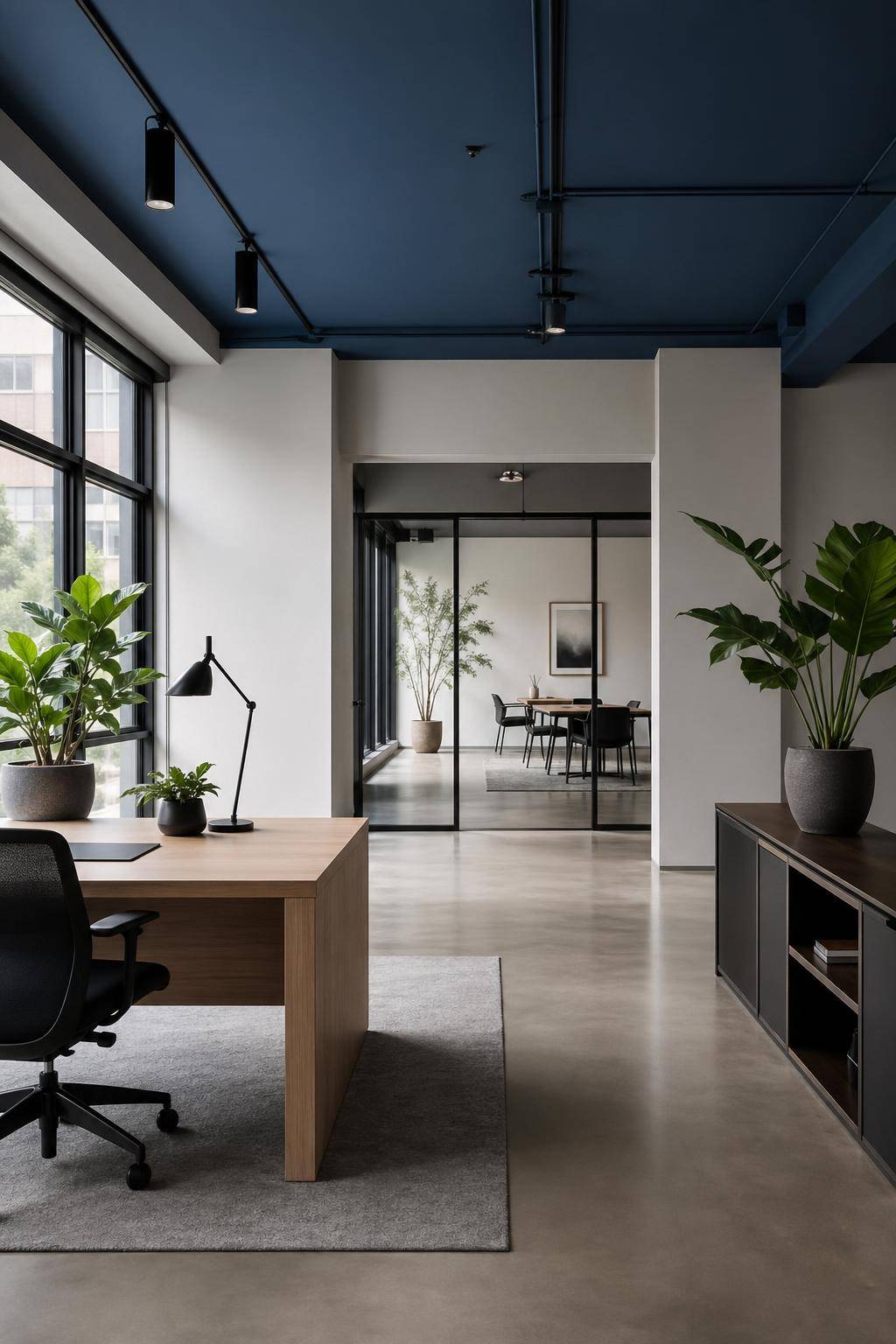 Ideen für Wandfarbe im Büro- Male eine Decke in einer satten Farbe für einen Wow-Effekt