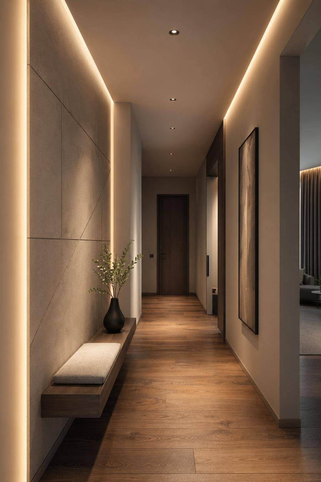 Ideen für Wandgestaltung im Flur- Installiere indirekte LED-Beleuchtung entlang der Wand