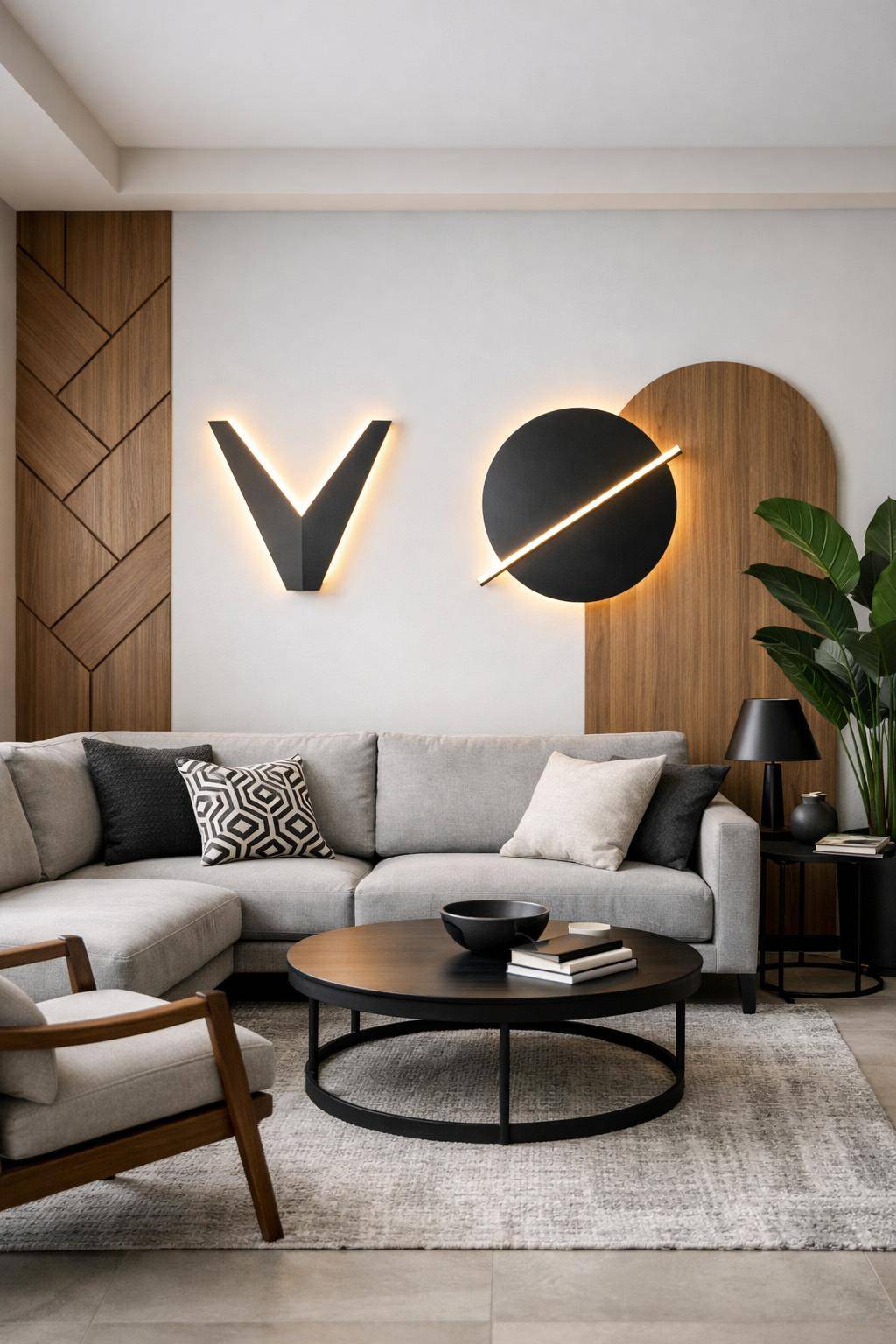 Ideen für Wandleuchten im Wohnzimmer- Experimentiere mit geometrischen Formen für modernes Flair