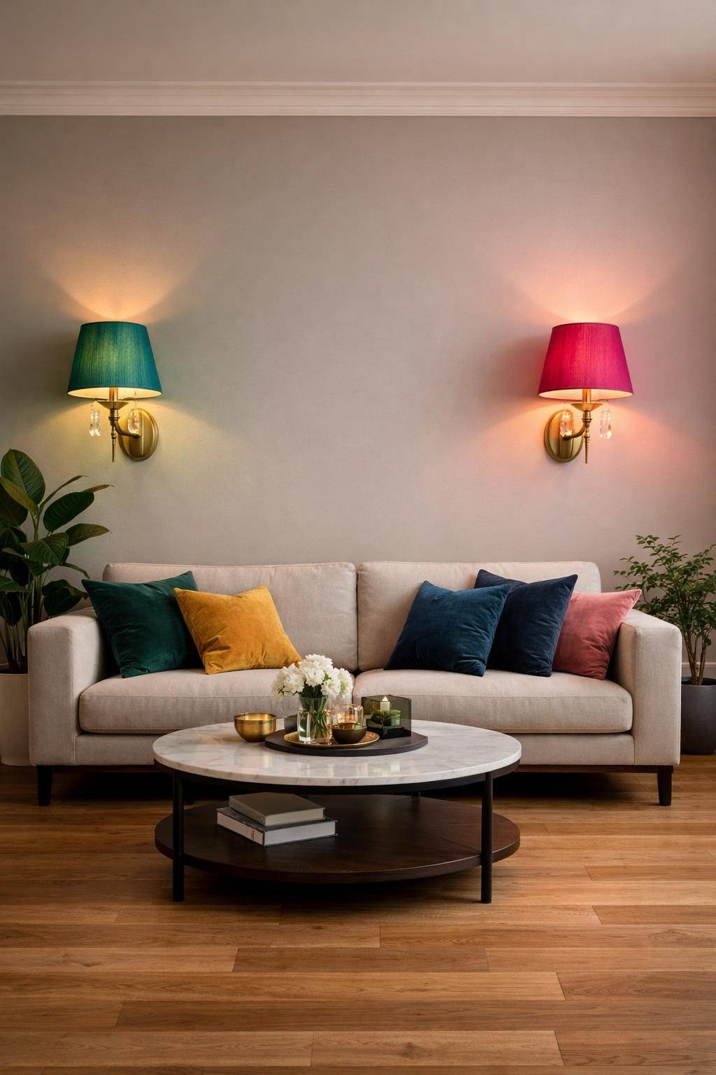 Ideen für Wandleuchten im Wohnzimmer- Kreiere Lichtakzente mit farbigen Lampenschirmen