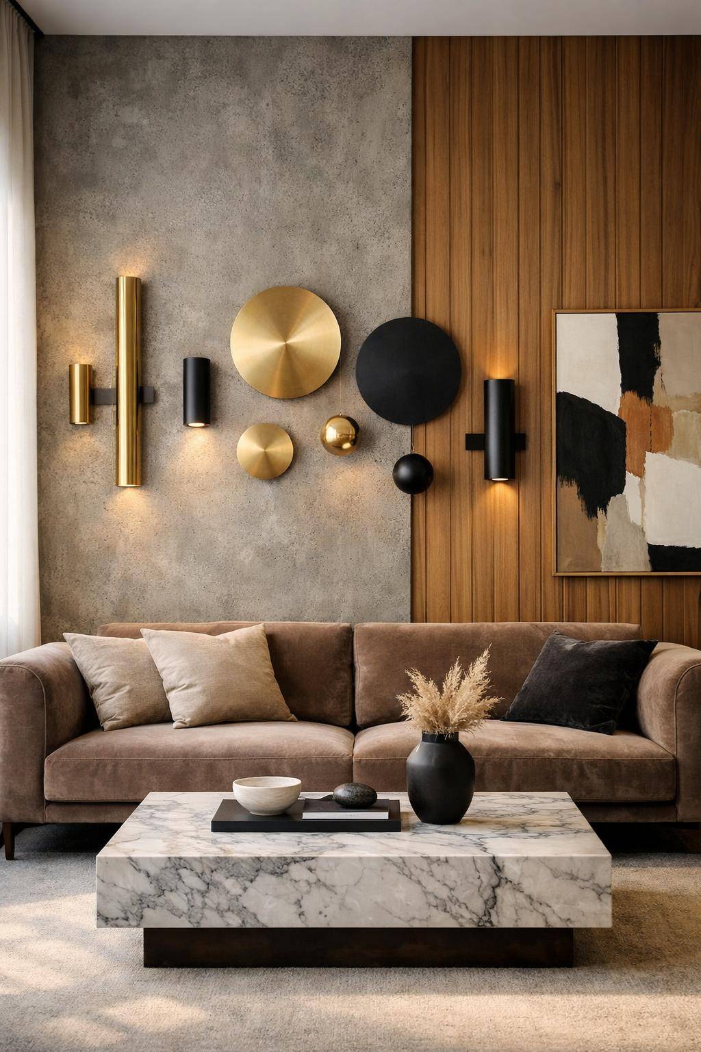 Ideen für Wandleuchten im Wohnzimmer- Mixe Metalle und Materialien für spannende Kontraste