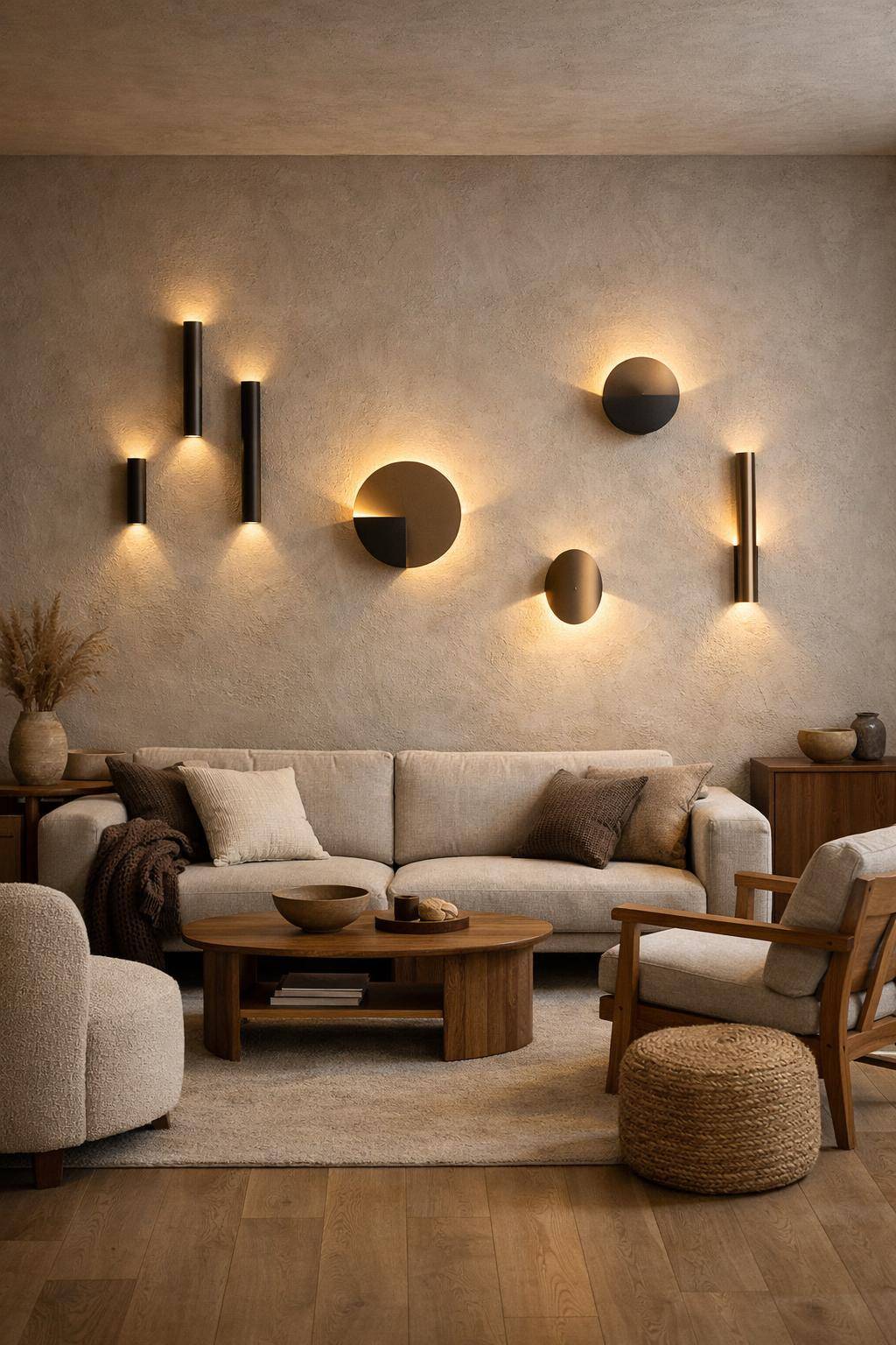 Ideen für Wandleuchten im Wohnzimmer- Umarme asymmetrische Anordnung für kreative Optik