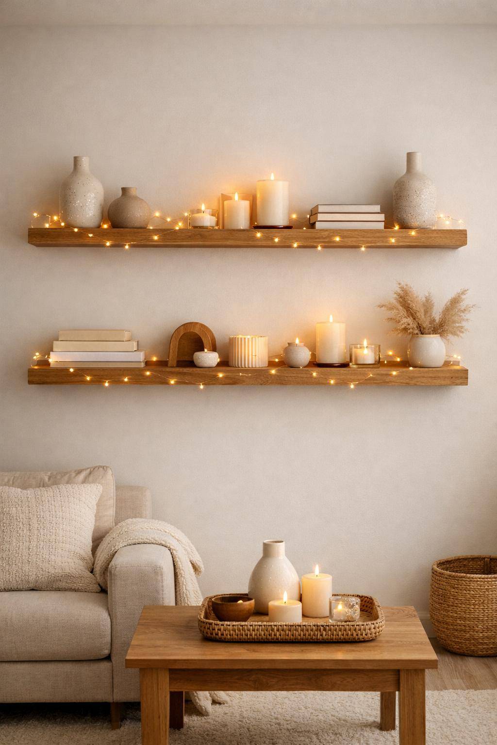 Ideen für Wandregale im Wohnzimmer- Ergänze kleine Lichtquellen wie Kerzen oder Lichterketten
