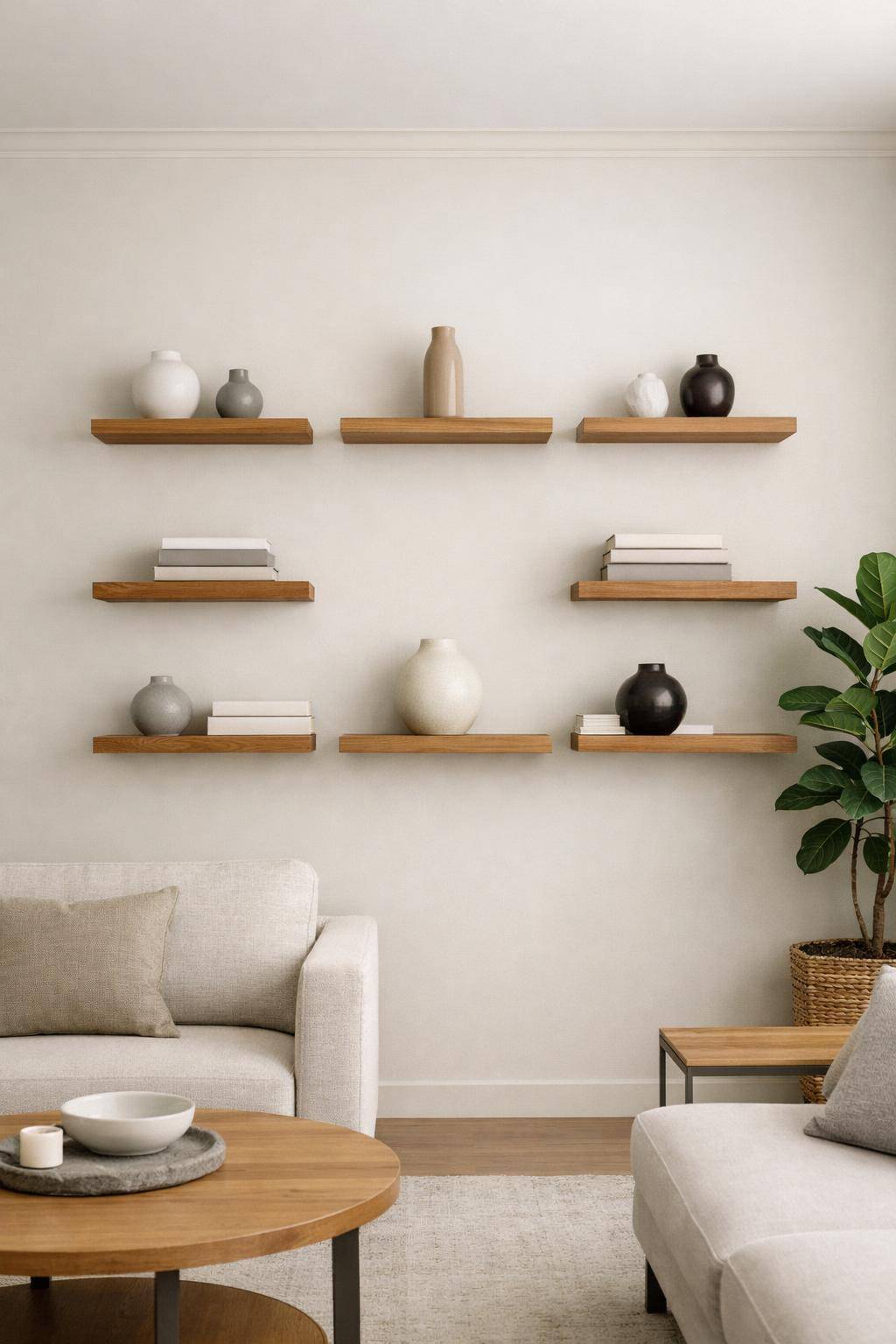 Ideen für Wandregale im Wohnzimmer- Hänge Regale als symmetrisches Ensemble auf