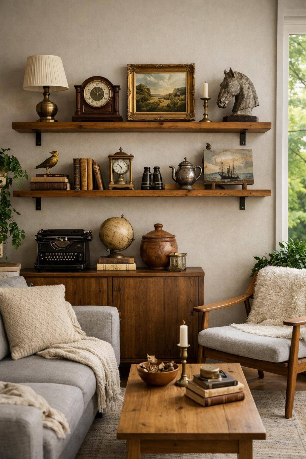 Ideen für Wandregale im Wohnzimmer- Hänge Vintage-Fundstücke als Highlights ins Regal